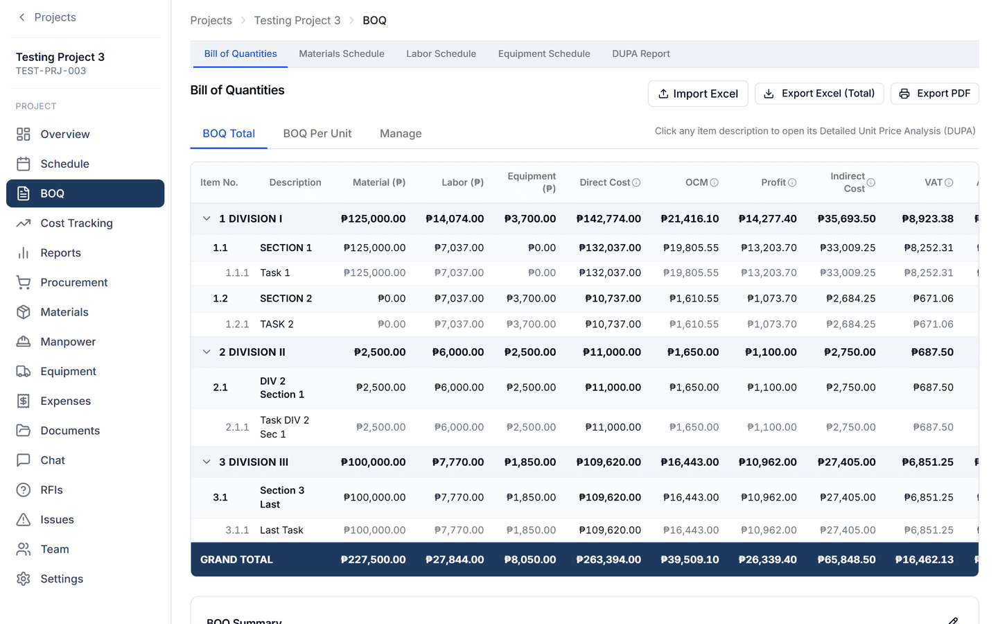 CoNexa Pro Bill of Quantities screen showing divisions, items with quantities, unit prices and a grand total
