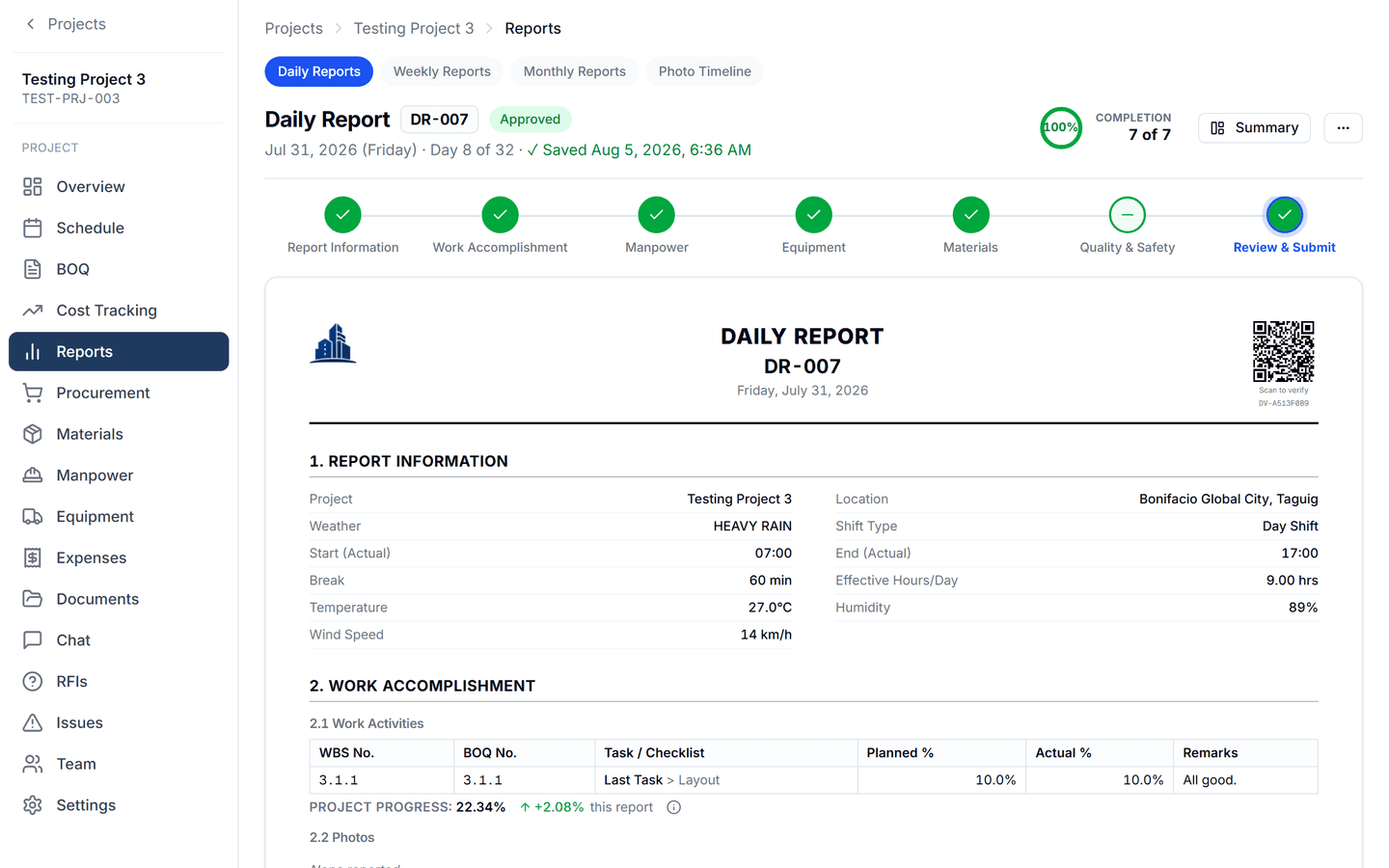 CoNexa Pro Daily Report screen showing site activities, manpower, equipment and photos for one day